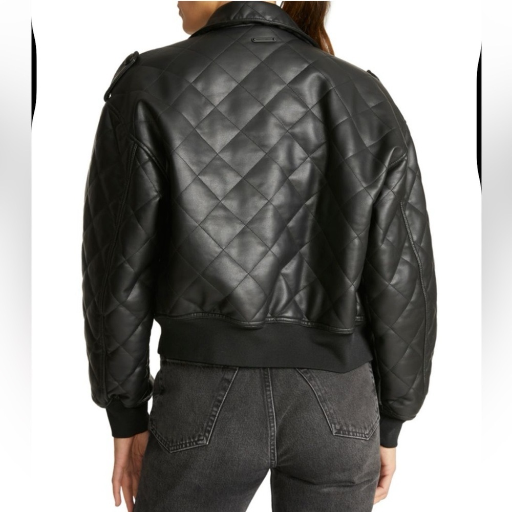 Rebecca Minkoff Black Quilted Oversized Vegan Leather Bomber Jacket Women’s L - Picture 2 of 13